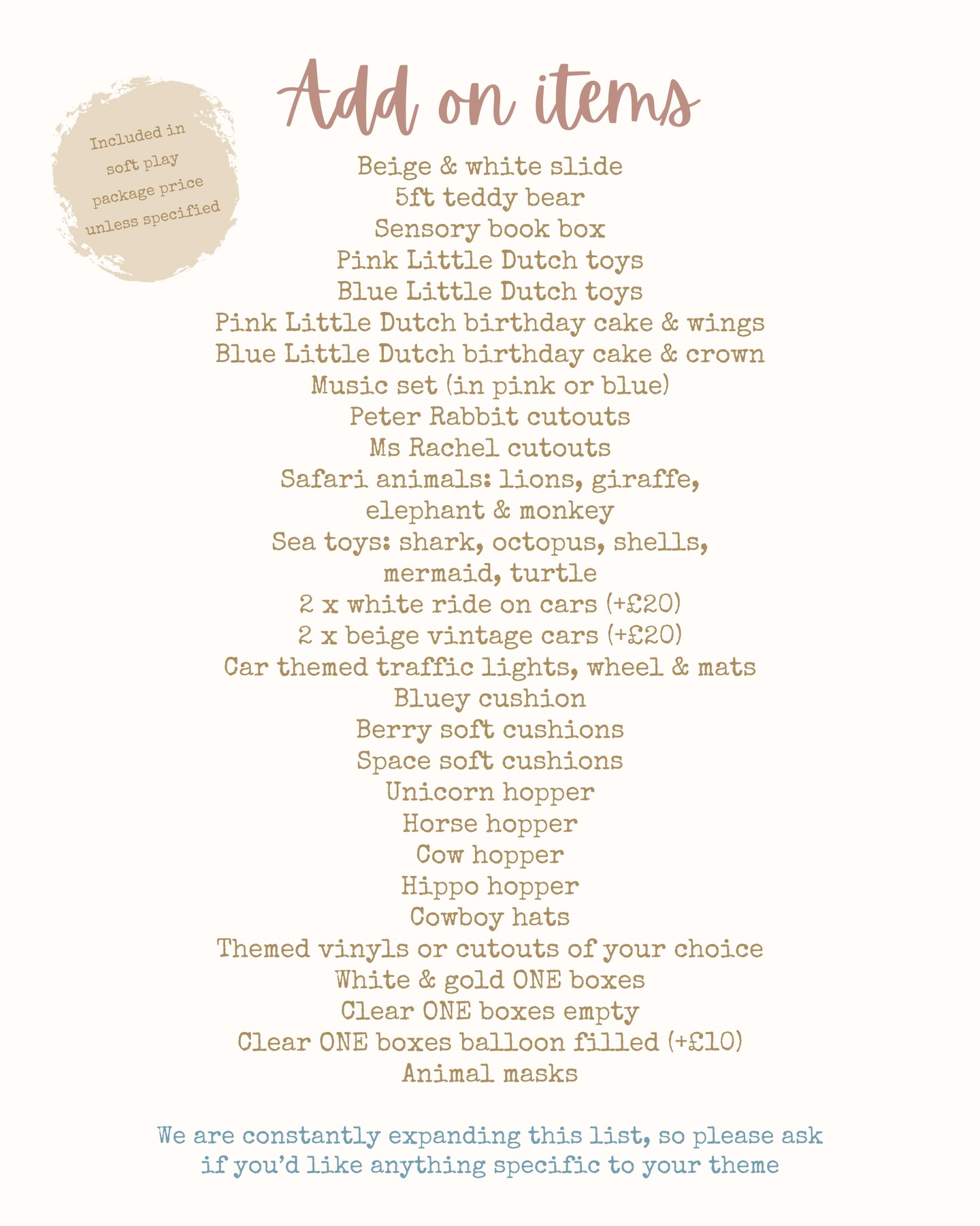 Full list of add-on items available with our soft play packages