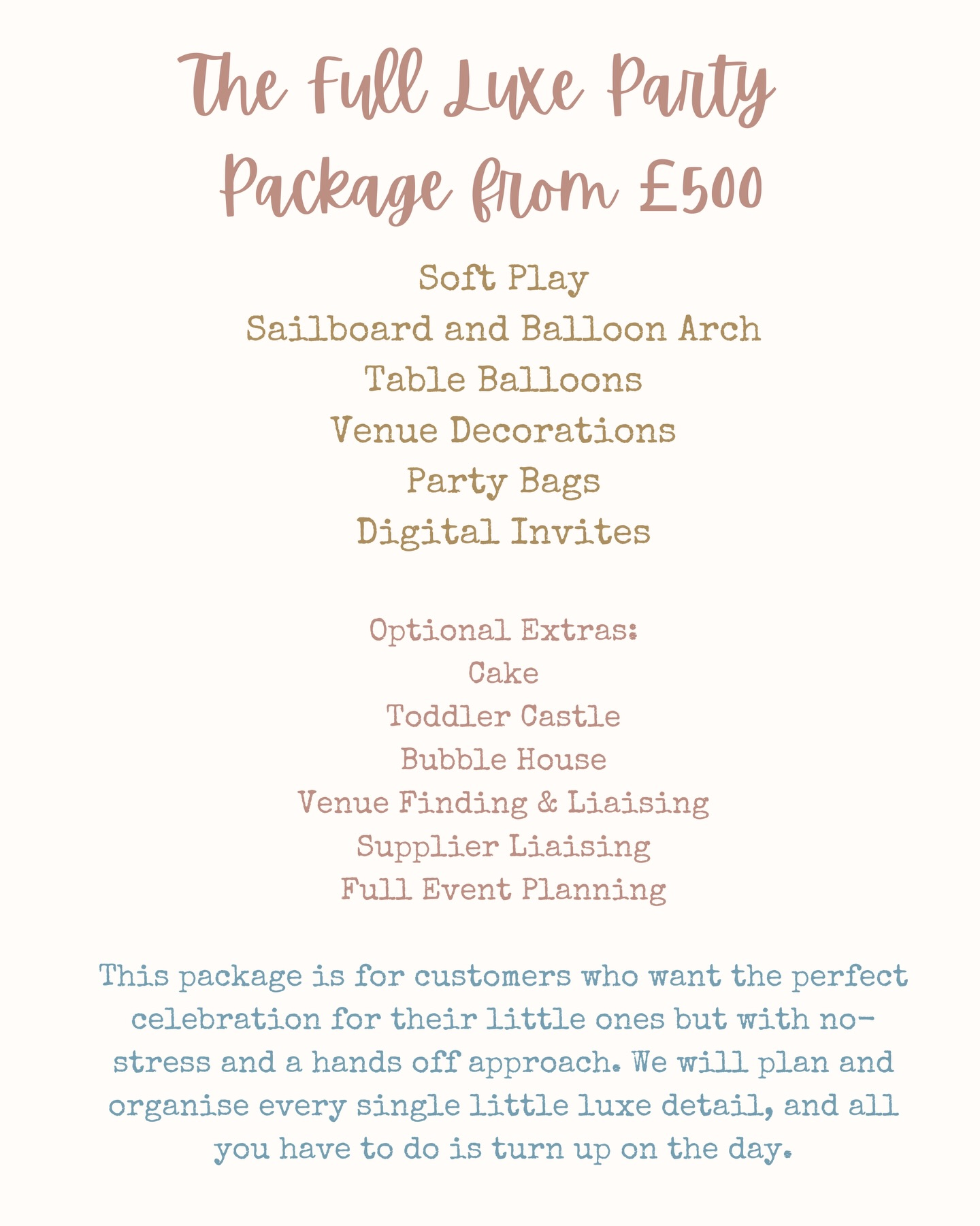 The Full Luxe Party package pricing card